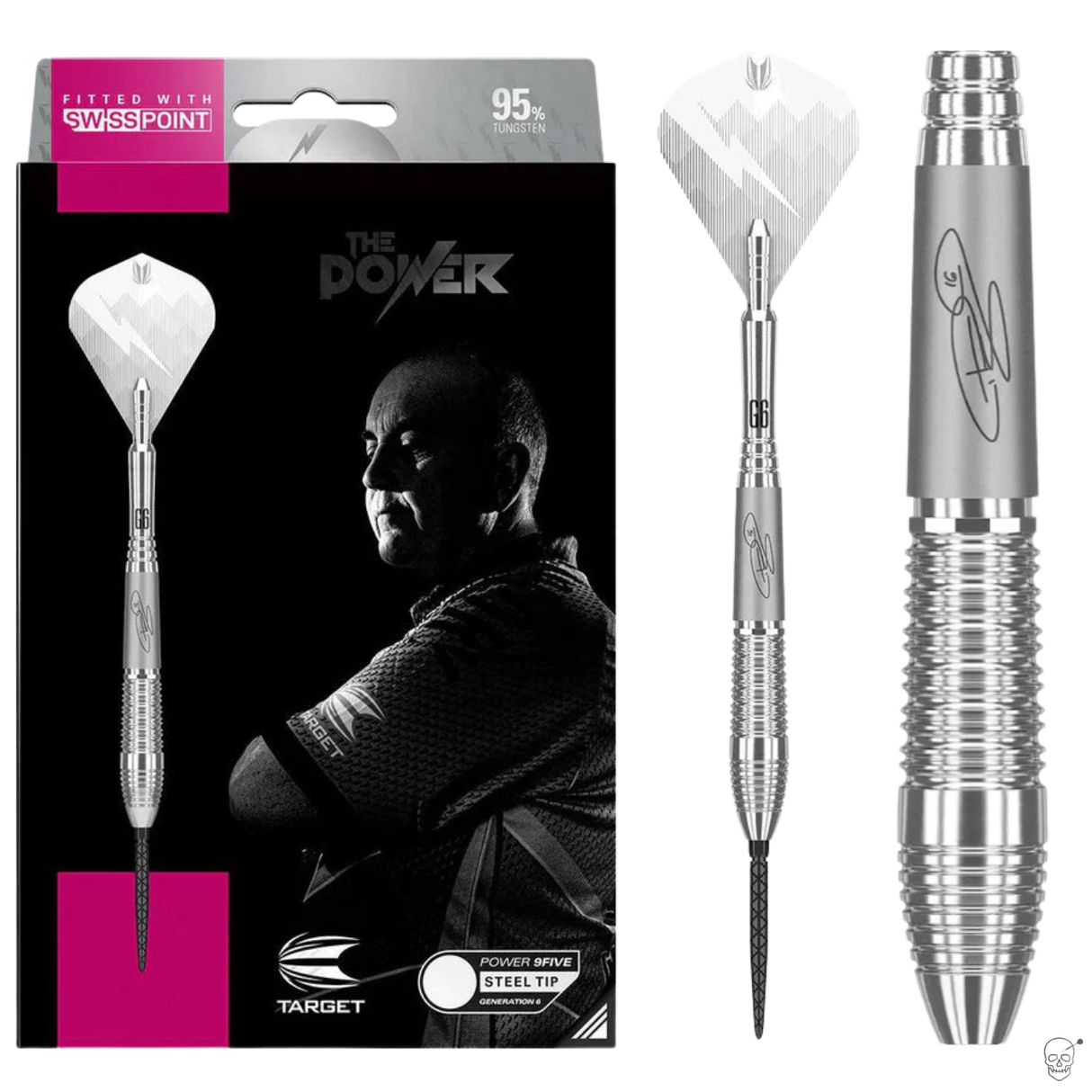 Steel tip tungsten dart with ringed grip, etched signature, shown in retail packaging with close-up barrel detail