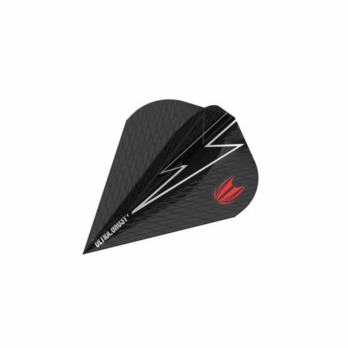 Black Ultra Ghost Red G5 Vapor S dart flight, lightning bolt and red flame graphics, full view isolated on white background