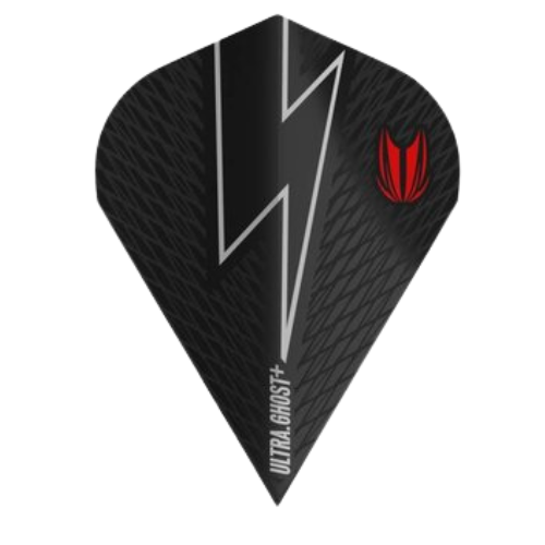 Ultra Ghost+ G5 dart flight black with silver lightning bolt, red Pro Ultra logo, full product view on white background