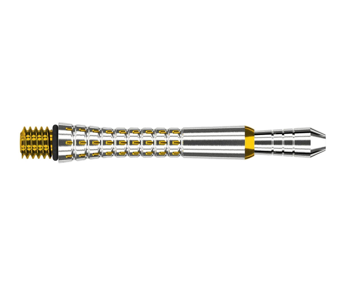 Titanium dart shaft full view with pixel grip texture and gold highlights, isolated on white background