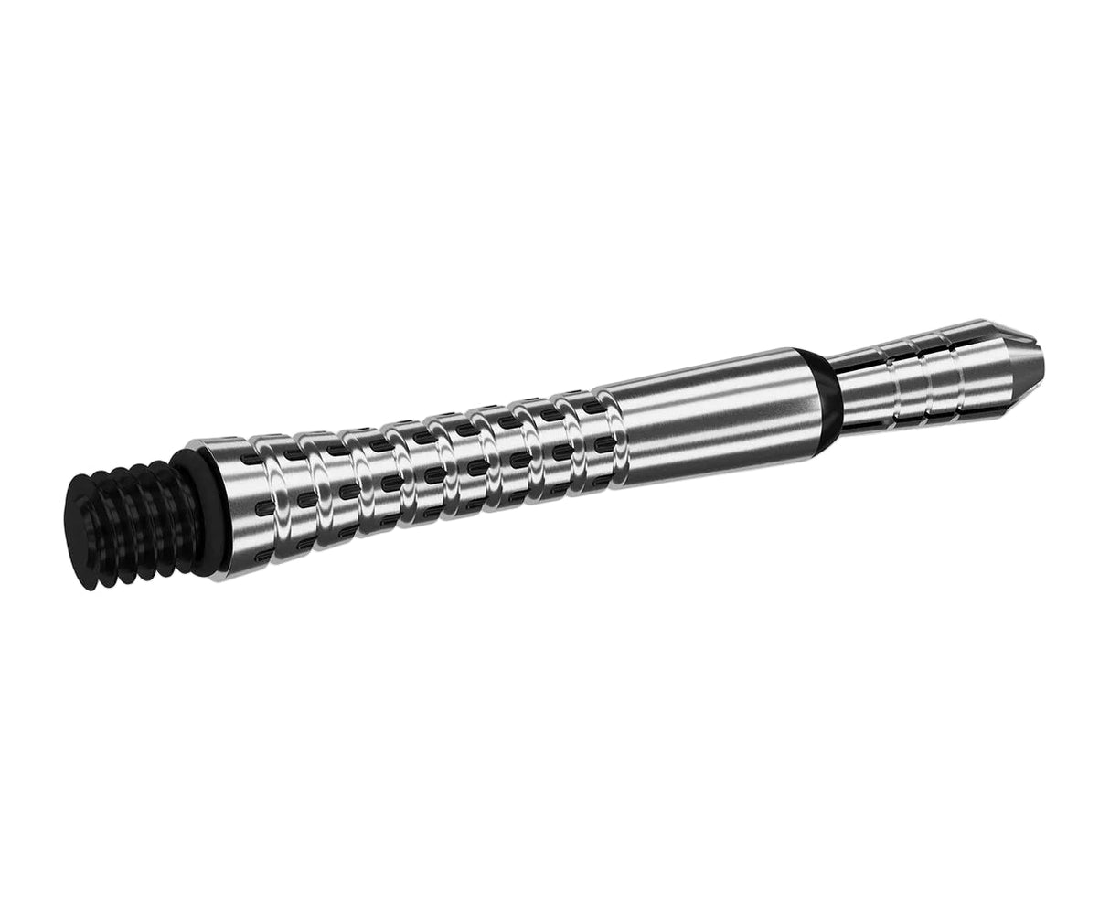 Angled view titanium dart shaft isolated on white, highlighting pixel grip texture and threaded attachment for dart equipment