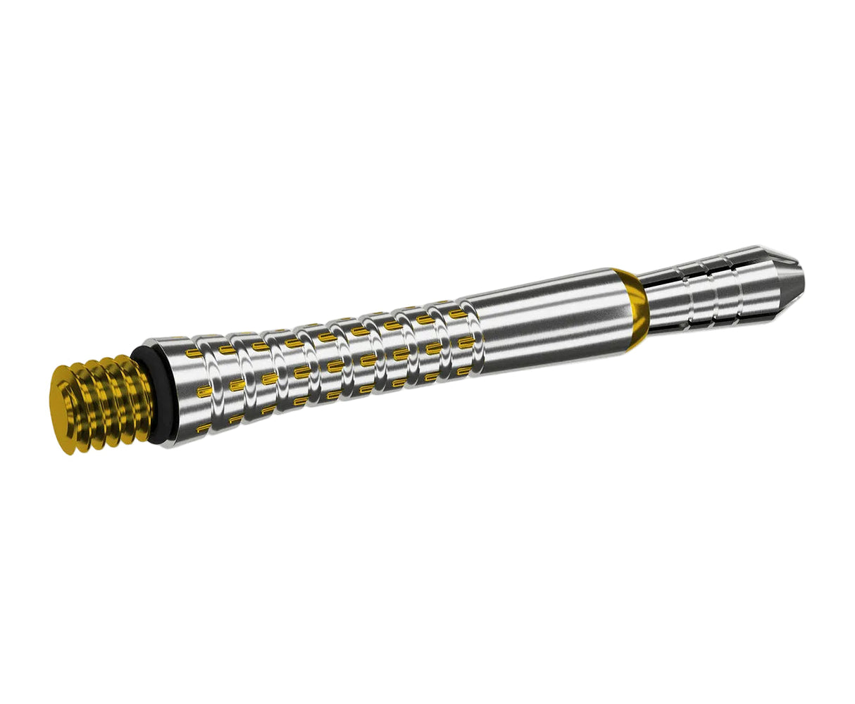 Angled view titanium dart shaft with precision pixel grip, gold accents, and detailed threading on white background