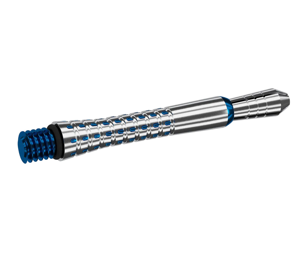 Angled view titanium dart shaft with pixel grip design and blue accents, isolated on white for dart equipment buyers