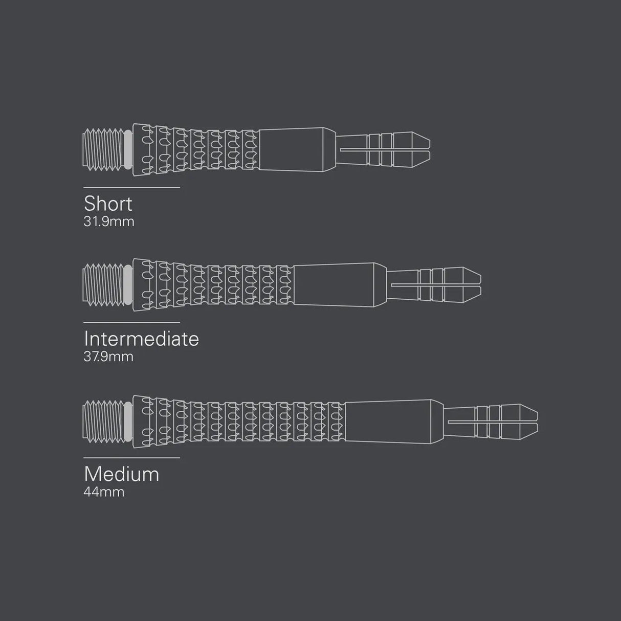 Technical side view of dart pixel titanium shafts in short, intermediate, and medium lengths with grip texture and size measurements.