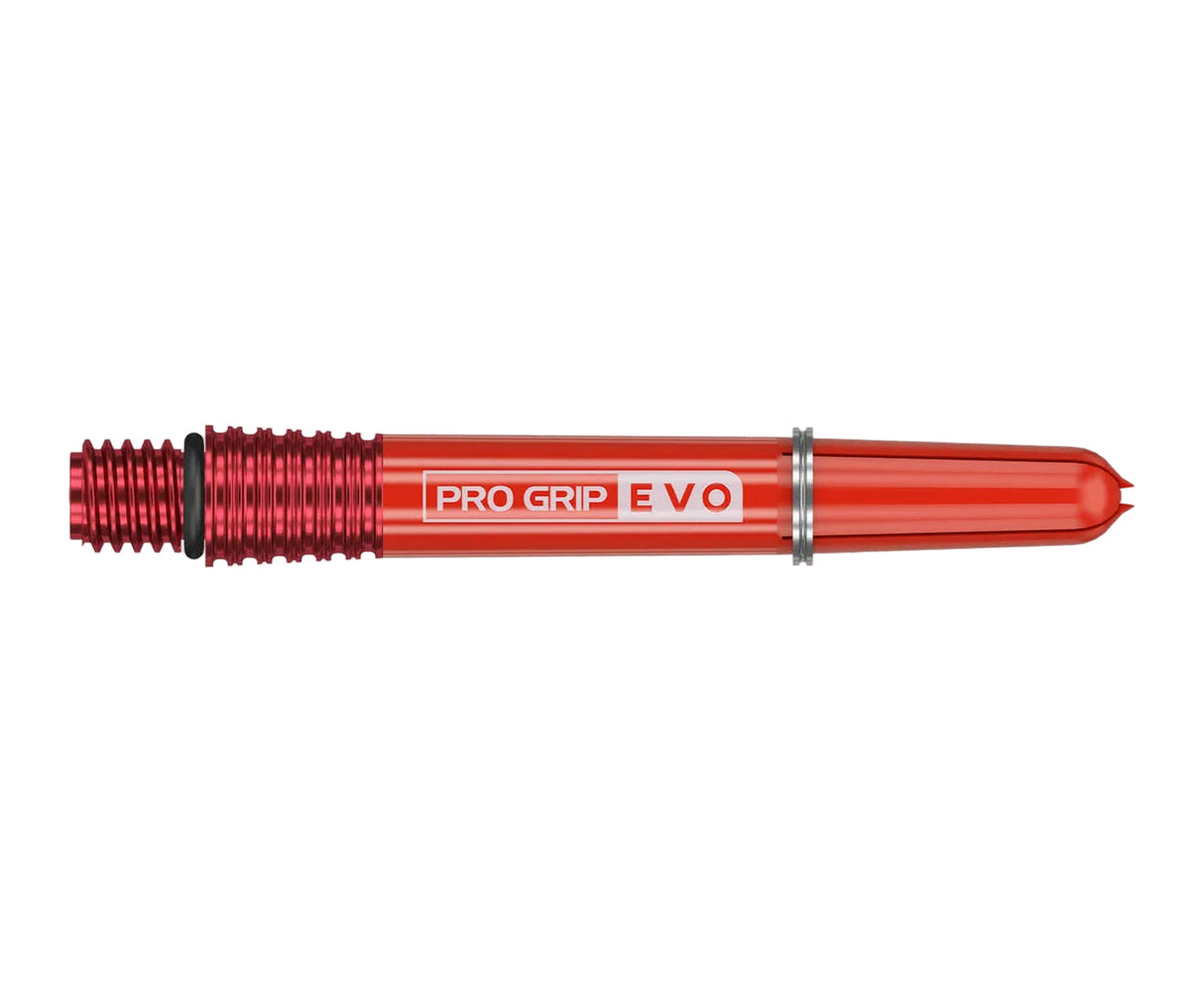 Red aluminum dart shaft full product view, ribbed barrel grip detail, Pro Grip Evo text, isolated on white background