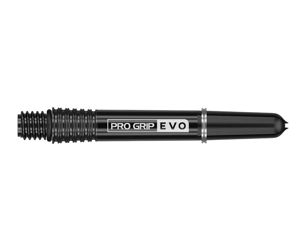 Black dart shaft with Pro Grip Evo logo, full length view on white background, threaded barrel and flight slot visible.