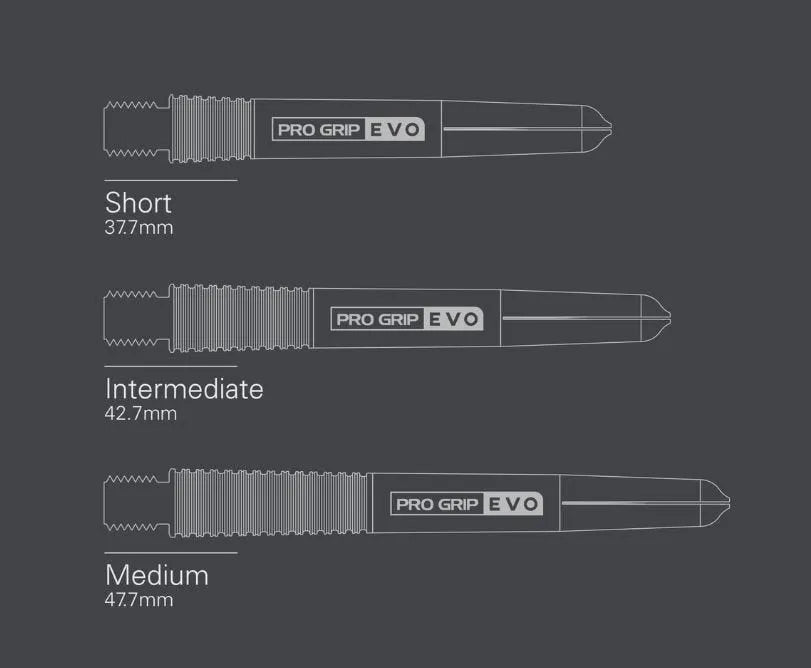 Side-by-side diagram of Pro Grip Evo AL dart shafts in short, intermediate, and medium lengths with size measurements.