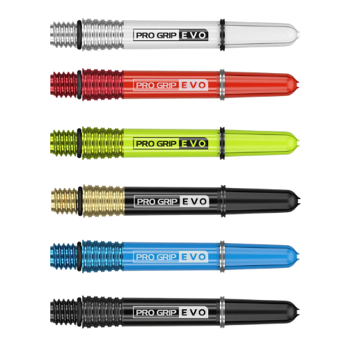 Six Pro Grip Evo AL dart shafts assorted colors full set on white background highlighting barrel grip and dart shaft variety