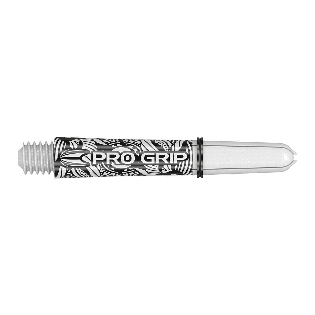 Target Pro Grip Ink white dart shaft, full side view showing the moulded 2BA thread and Pro Grip ring