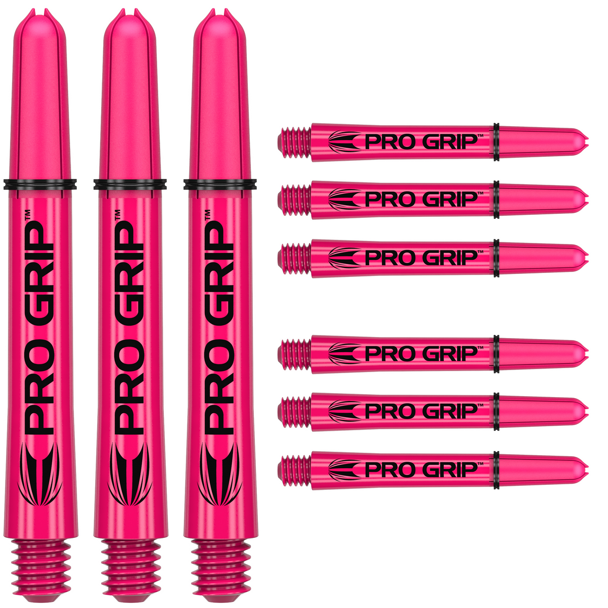 Nine pink dart shafts with black Pro Grip logo, threaded tips visible, arranged side by side on white background, standard dart accessory set.
