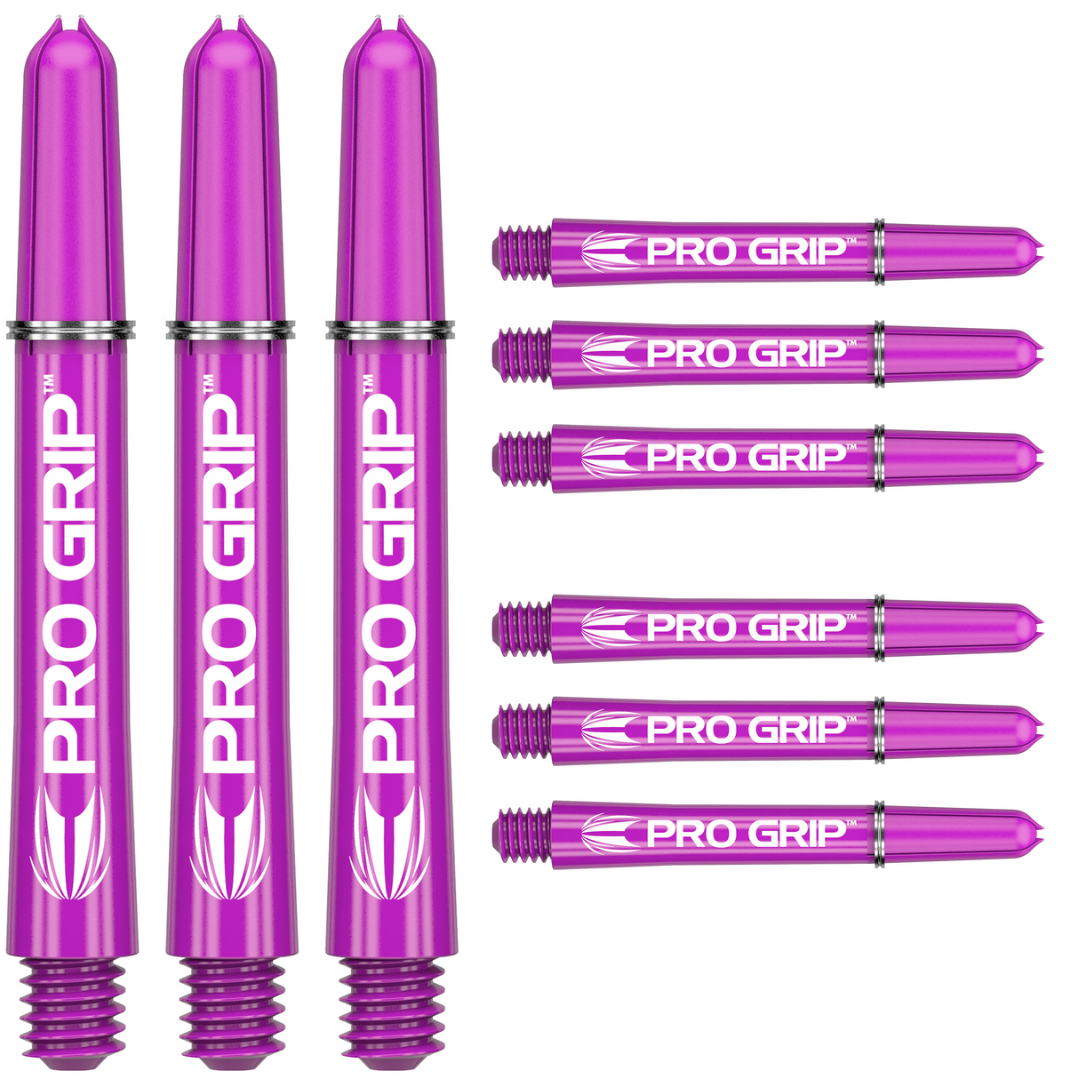 Top-down view of nine purple Pro Grip dart shafts arranged in rows on a white background, showing thread detail and logo