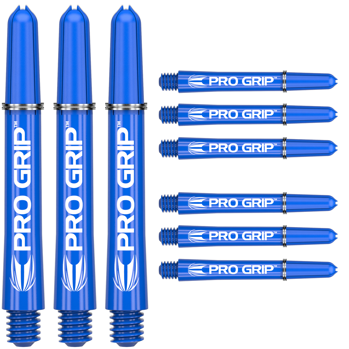 Nine blue Pro Grip dart shafts arranged on white background showing threads, locking rings, and shaft logo details for dart equipment