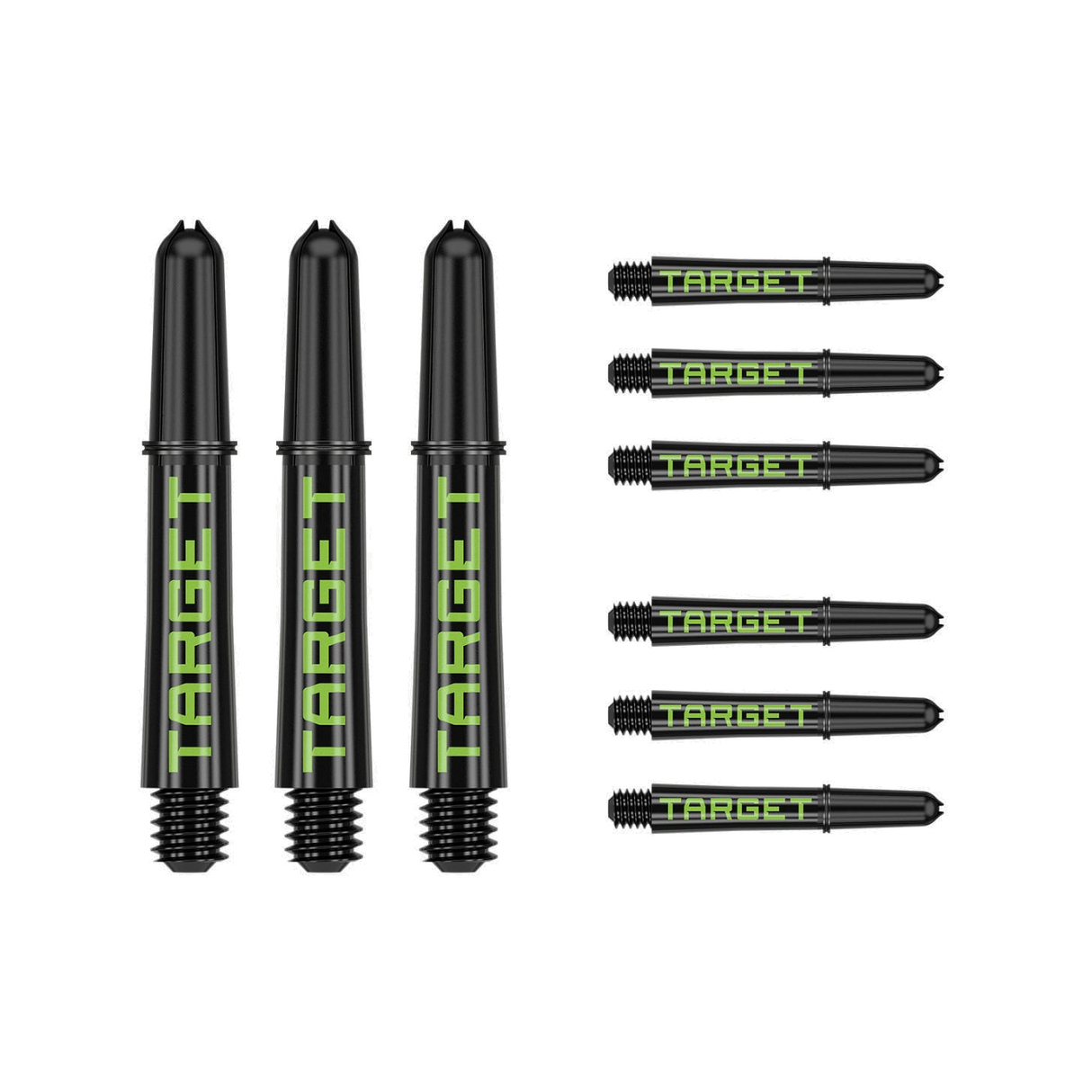 Nine short 34mm Pro Grip Tag dart shafts in black and green with Target branding on white background