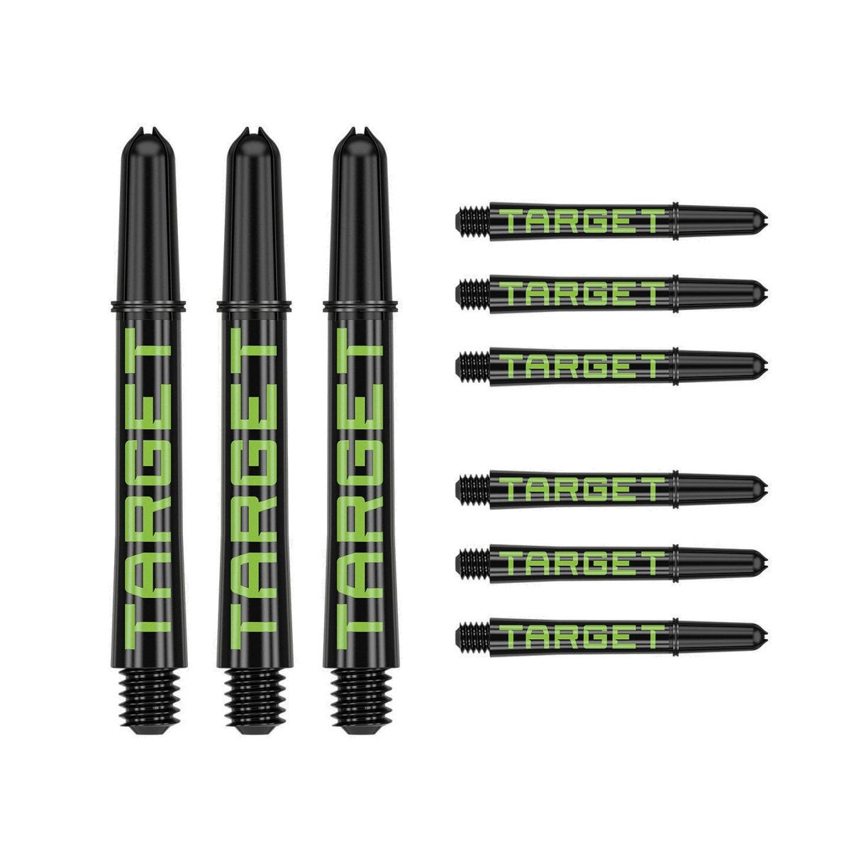 Nine intermediate 41mm Pro Grip Tag dart shafts in black and green with Target branding on white background