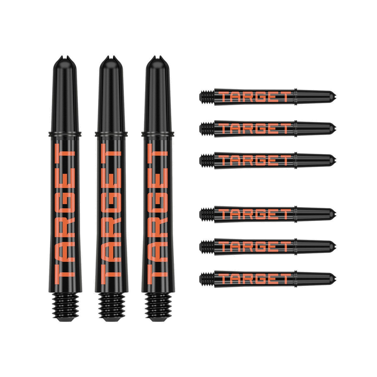 Nine intermediate 41mm Pro Grip Tag dart shafts in black and orange with Target branding on white background