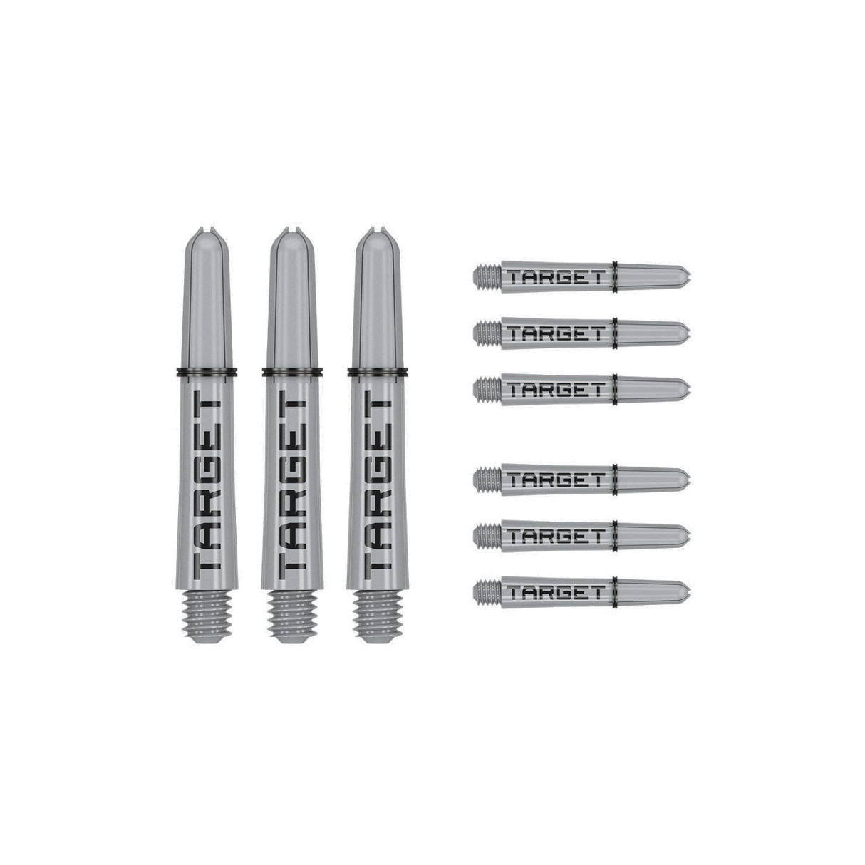 Nine short 34mm Pro Grip Tag dart shafts in grey and black with Target branding on white background