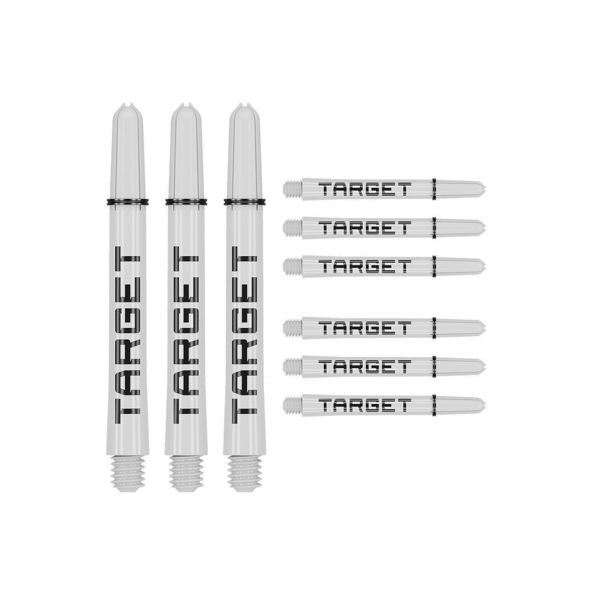 Nine medium 48mm Pro Grip Tag dart shafts in white and black with Target branding on white background