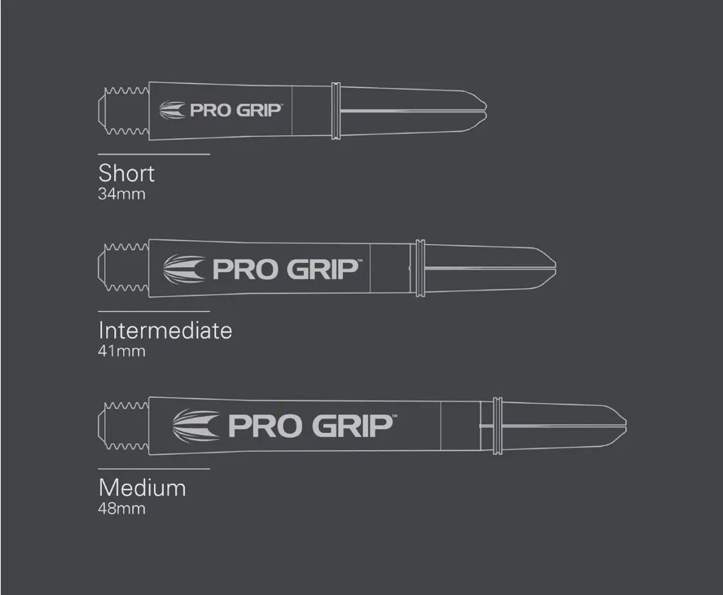 Side-by-side diagram of short, intermediate, and medium Pro Grip dart shafts with length measurements for size reference