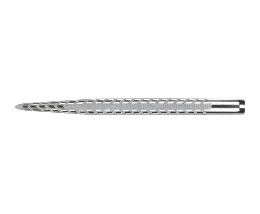Single Quartz Pro dart point full side view on white background highlighting laser-etched grip texture and steel tip