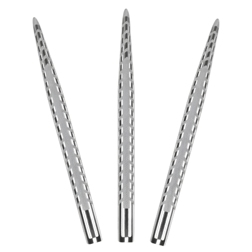 Three quartz pro dart points fanned out, laser-etched grip and precision tapered tips, full view on white background