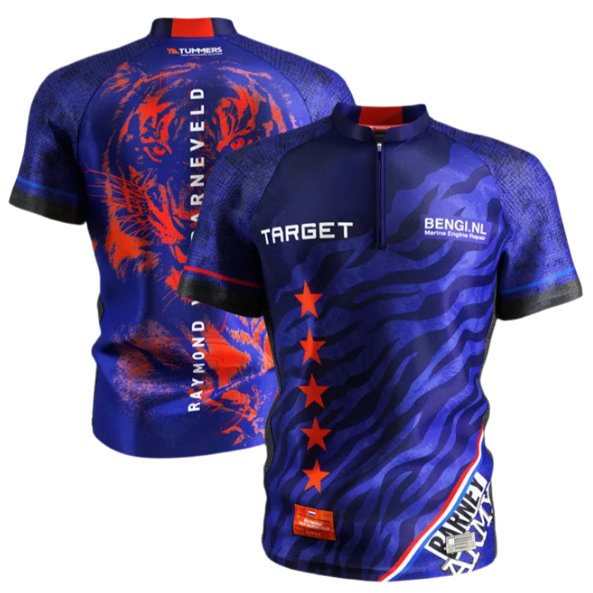 Front and back views of Raymond Van Barneveld 2025 darts shirt with blue tiger graphic, red stars, sponsor logos, isolated on white