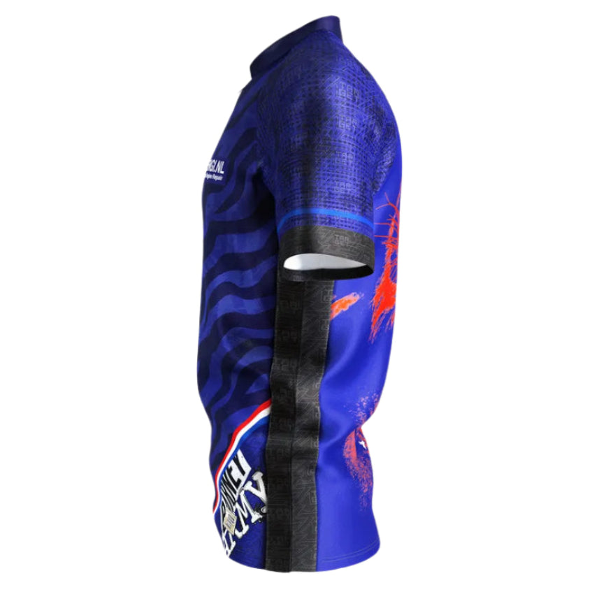 Side view darts shirt with blue and black graphics, visible sleeve detail, isolated on white background