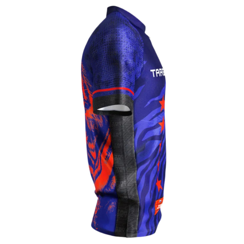 Side view darts shirt with blue and orange graphic design, technical fabric, isolated on white for dart players