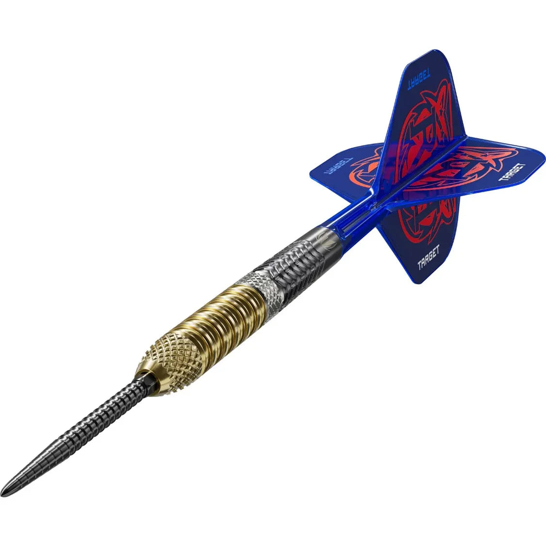 angled view tungsten dart with knurled gold grip, textured barrel, blue stem and custom flights on white background