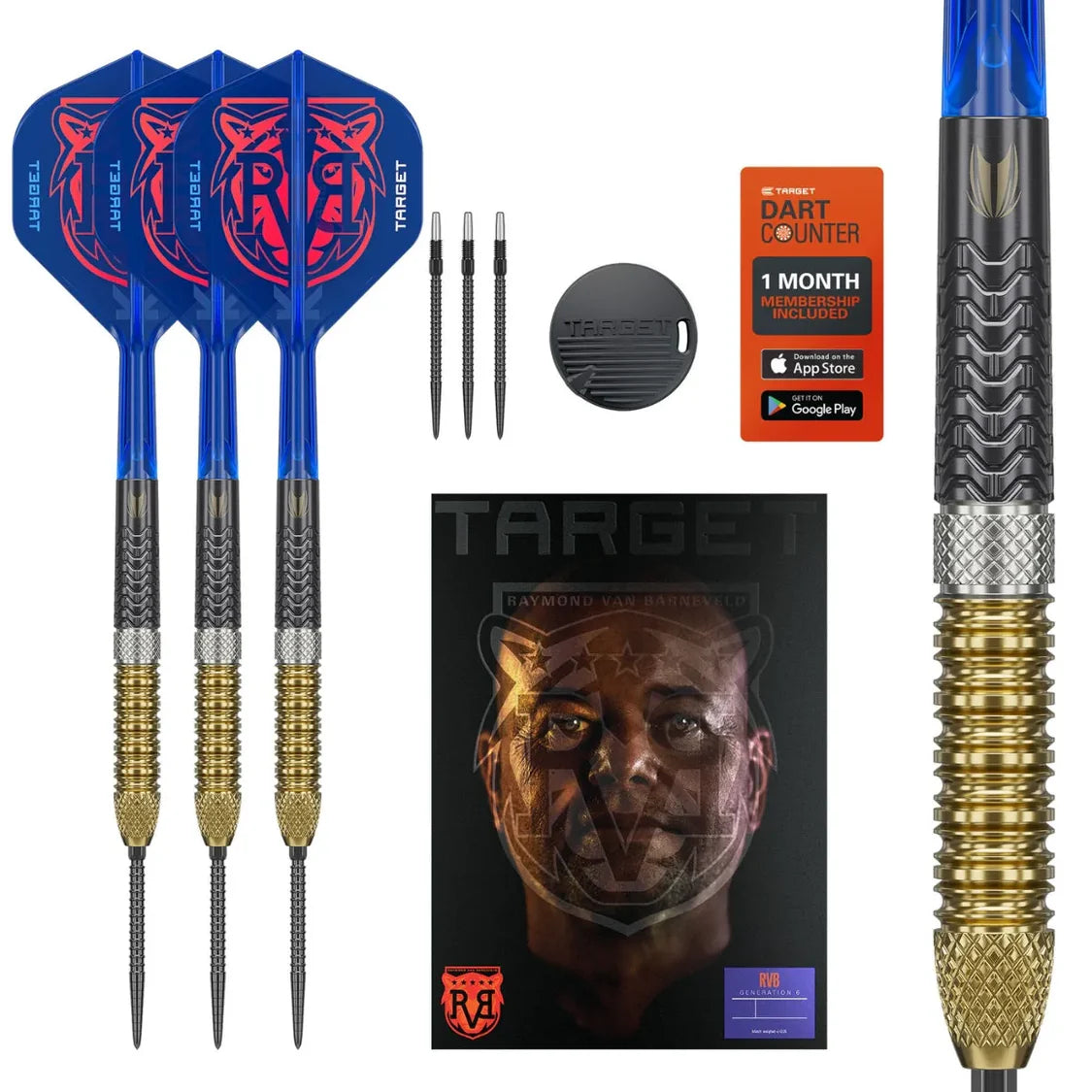 Top-down view showing full set of Raymond Van Barneveld G6 95% tungsten darts, blue RVB flights, spare points, grip detail, case, and accessories.