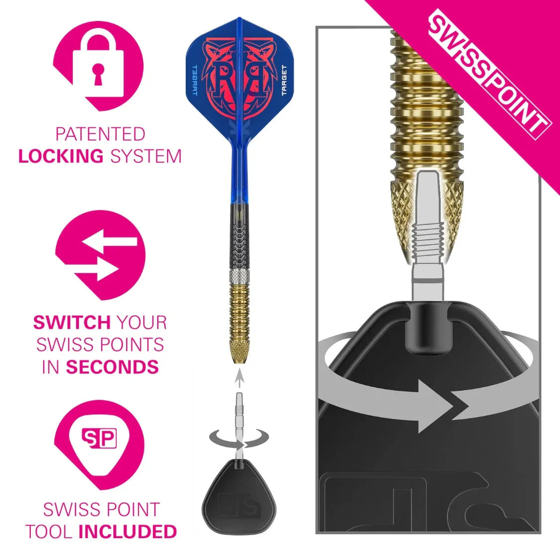 Dart with gold grip shown full length and close-up, Swiss Point tool demo for quick-change soft tip, patented locking system highlighted