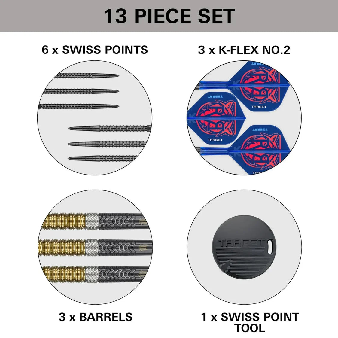 Top-down flat lay of 13 piece dart set with Swiss points, blue K-Flex No.2 flights, tungsten barrels, and a Swiss point tool, isolated on white.