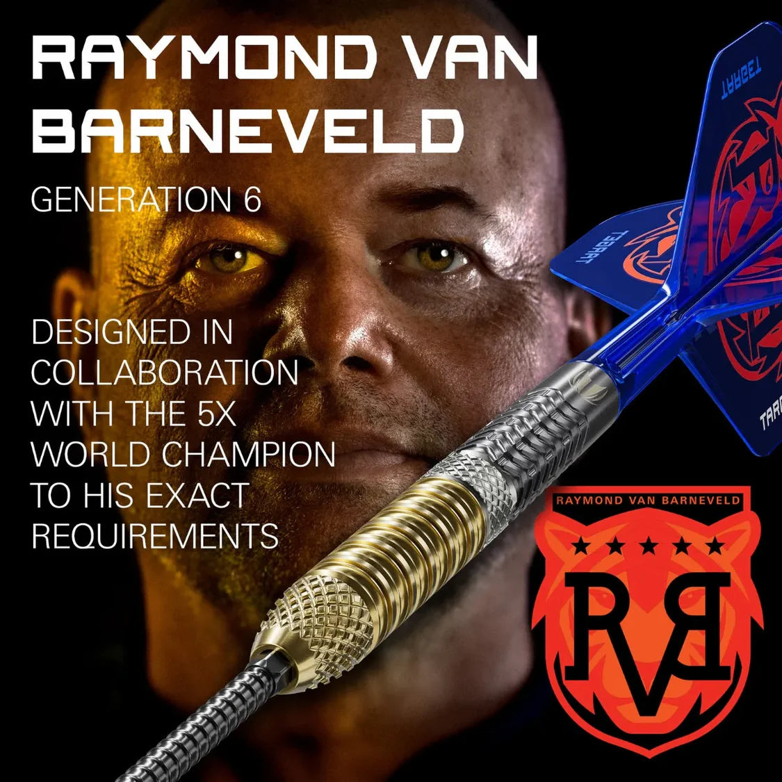 Angled close-up of Raymond Van Barneveld G6 tungsten dart showing precision barrel grip, blue flight, and branding, with player in background