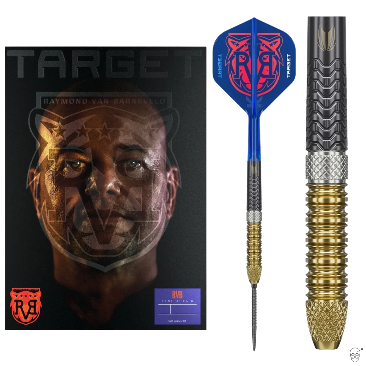 Raymond Van Barneveld G6 95% tungsten dart full view with knurled gold grip, blue flight, and retail packaging featuring player portrait