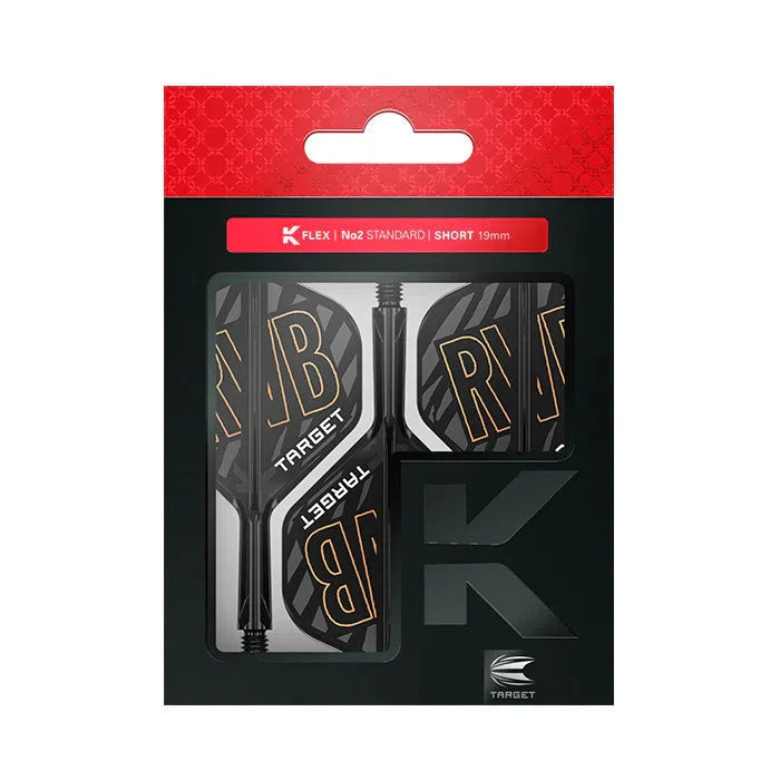 Dart flights and short shafts in retail packaging, No.2 standard K-Flex set with RVB gold lettering, clear view for buyers