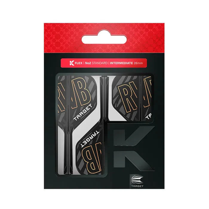 Dart flight and shaft set in retail packaging, RB design, No.2 standard size, black and gold, multiple pieces, isolated on white