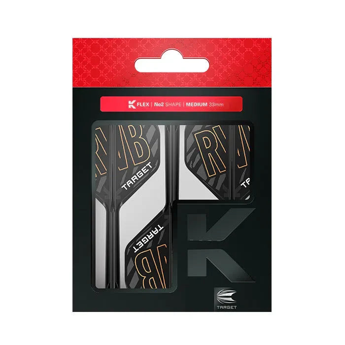 Three K-Flex No.2 dart shafts and flights in retail packaging, straight-on view highlighting RVB gold logo and medium 33mm length