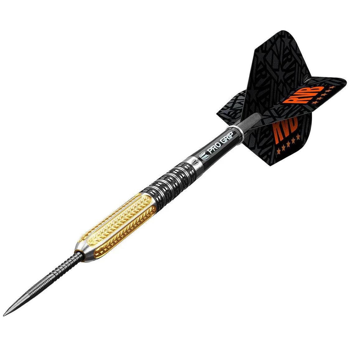 Angled view tungsten dart with gold textured grip, black pro grip shaft, and RVB custom flights on white background