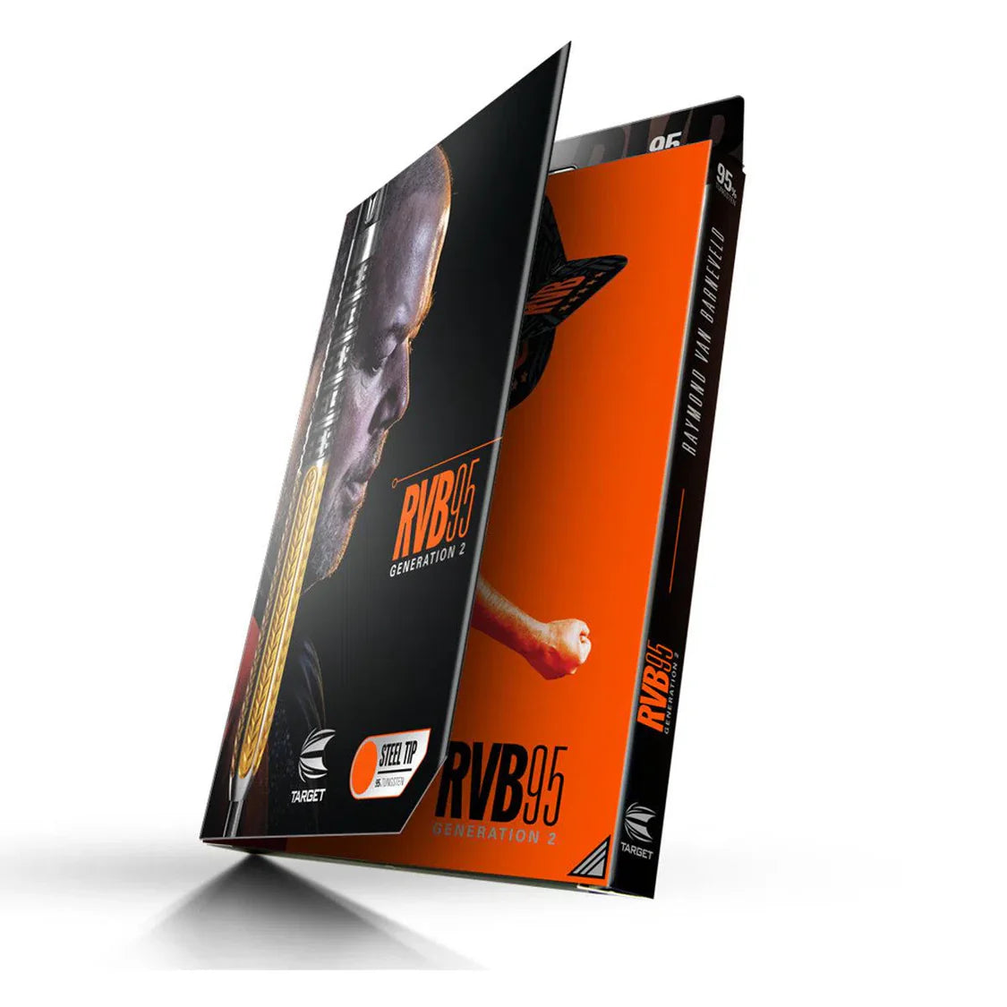 Angled shot of RVB95 G2 95% tungsten darts packaging partially opened, showing steel tip darts retail box design