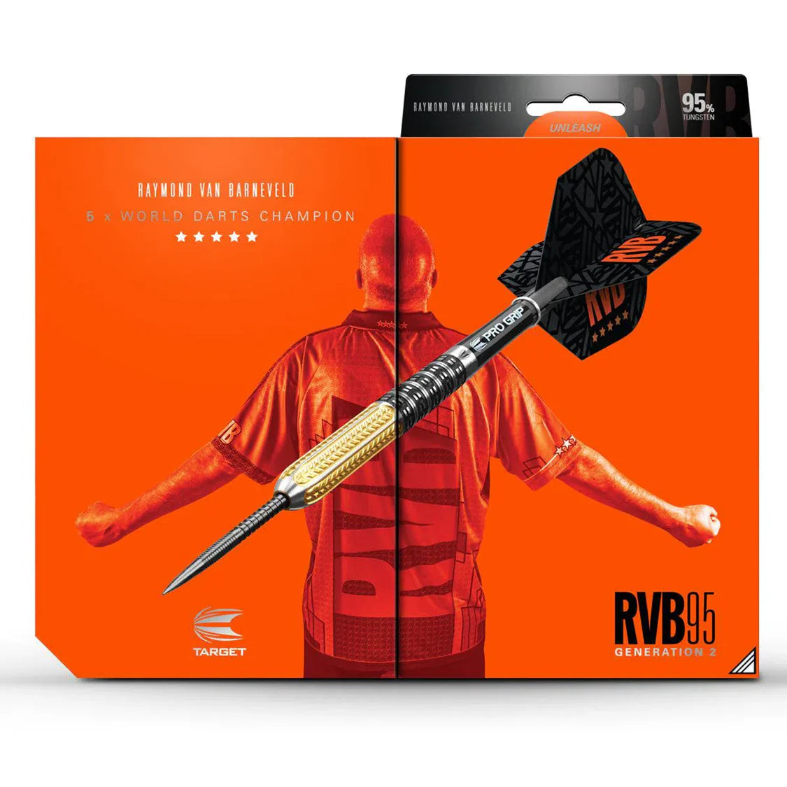 Full view RVB95 tungsten dart on branded packaging, highlighting precision barrel grip and black flight design