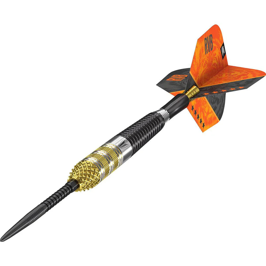 Angled close-up of RVB95 Gen 4 95% tungsten dart showing knurled gold barrel, black grip, and orange RVB flight on white background