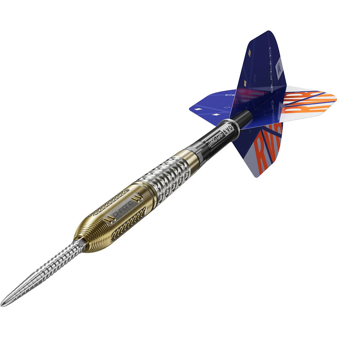 Angled close-up of tungsten dart with detailed grip barrel, precision point, and RVB branded blue-orange flights on white background