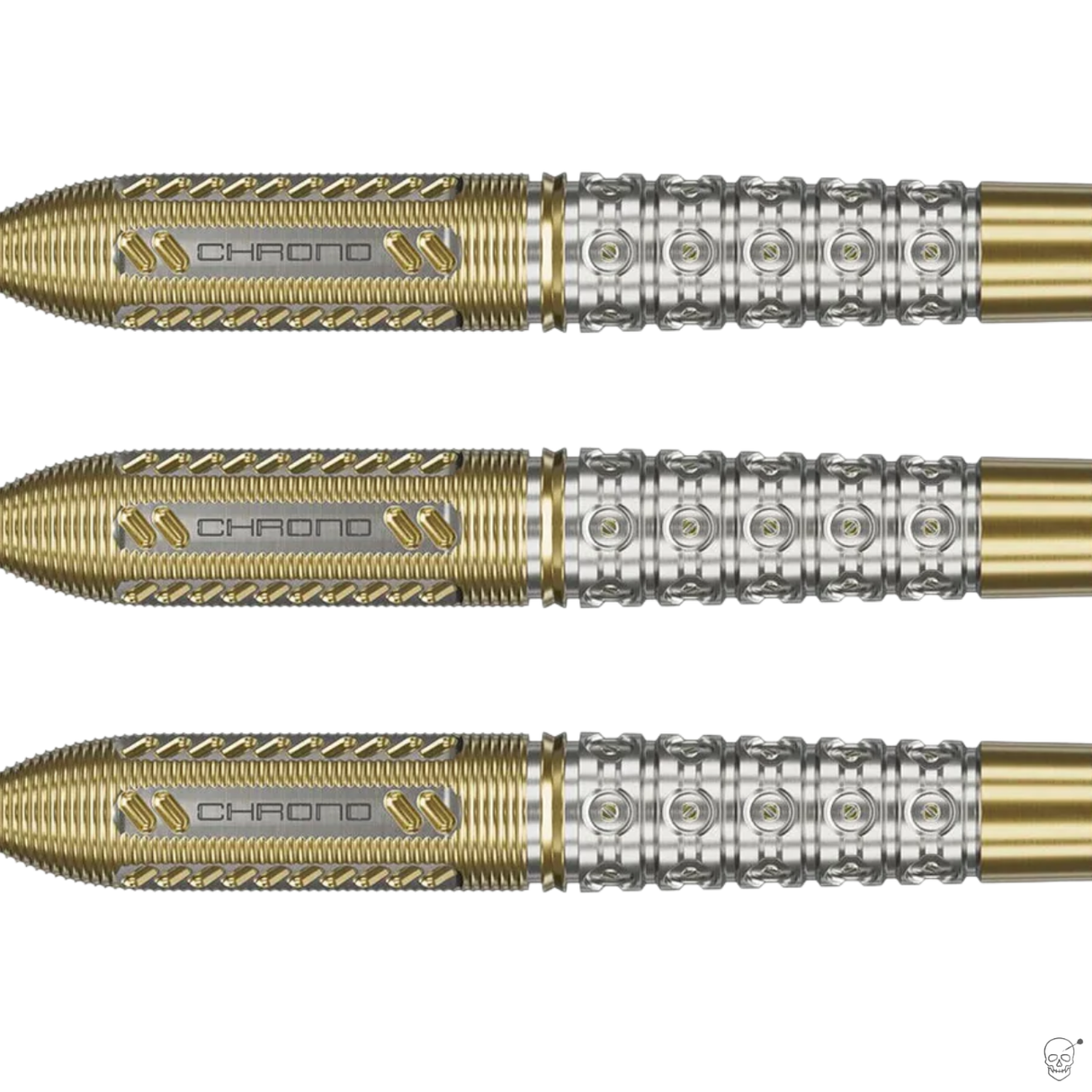 Close-up of three 95% tungsten dart barrels with gold and silver precision grip, CHRONO engraving, isolated on white background