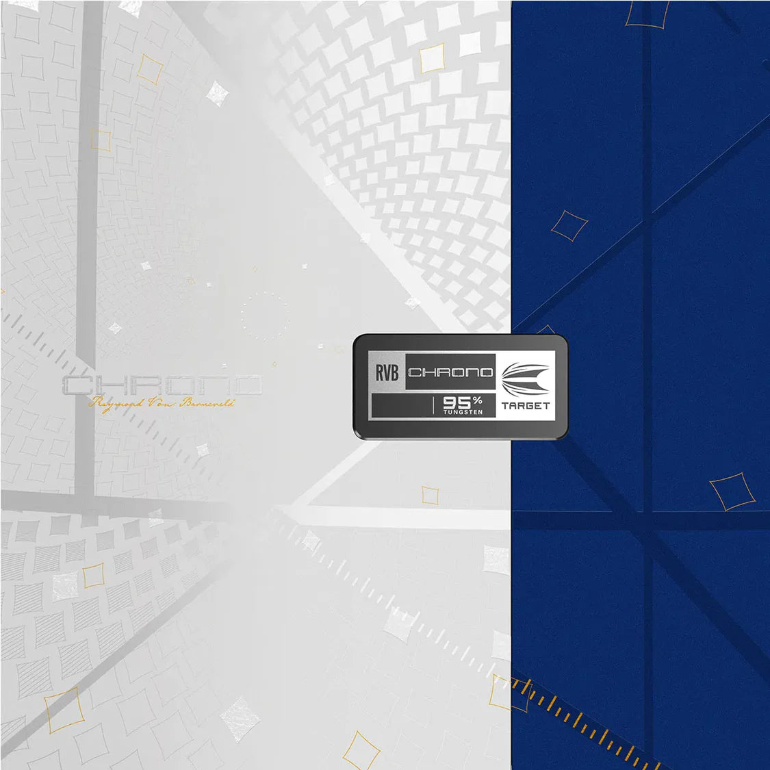 Top-down view of RVB Chrono 95% tungsten darts packaging featuring included case and branding details