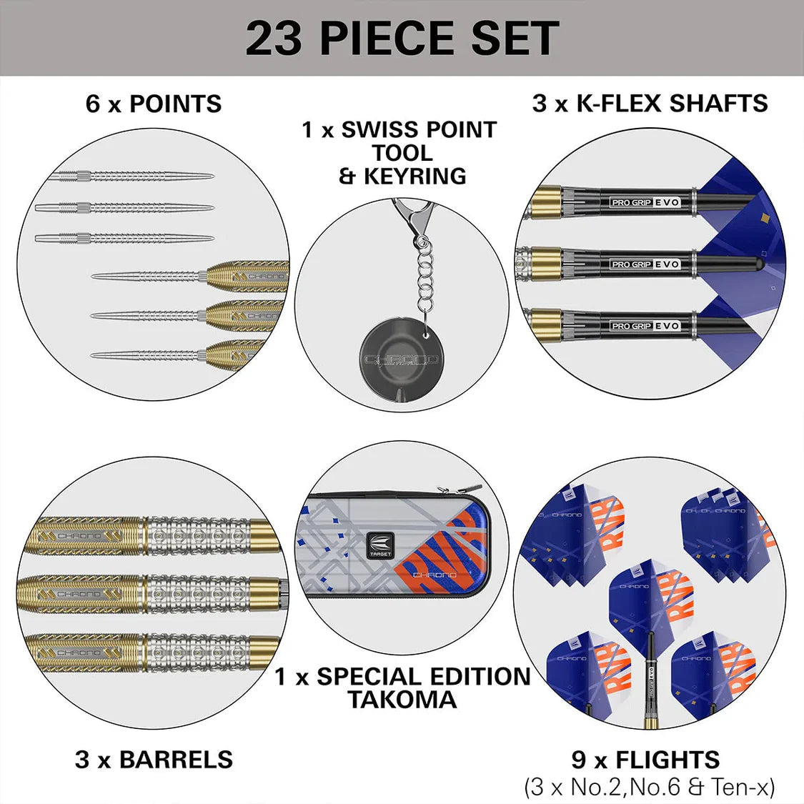 Overhead layout of full 23 piece dart set with points, tungsten barrels, shafts, RVB flights, Swiss Point tool, and Takoma case