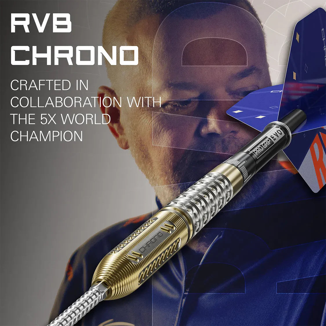 Angled close-up of RVB Chrono 95% tungsten dart showing gold and silver grip barrel, flight design, and Pro Grip EVO shaft overlaying player portrait