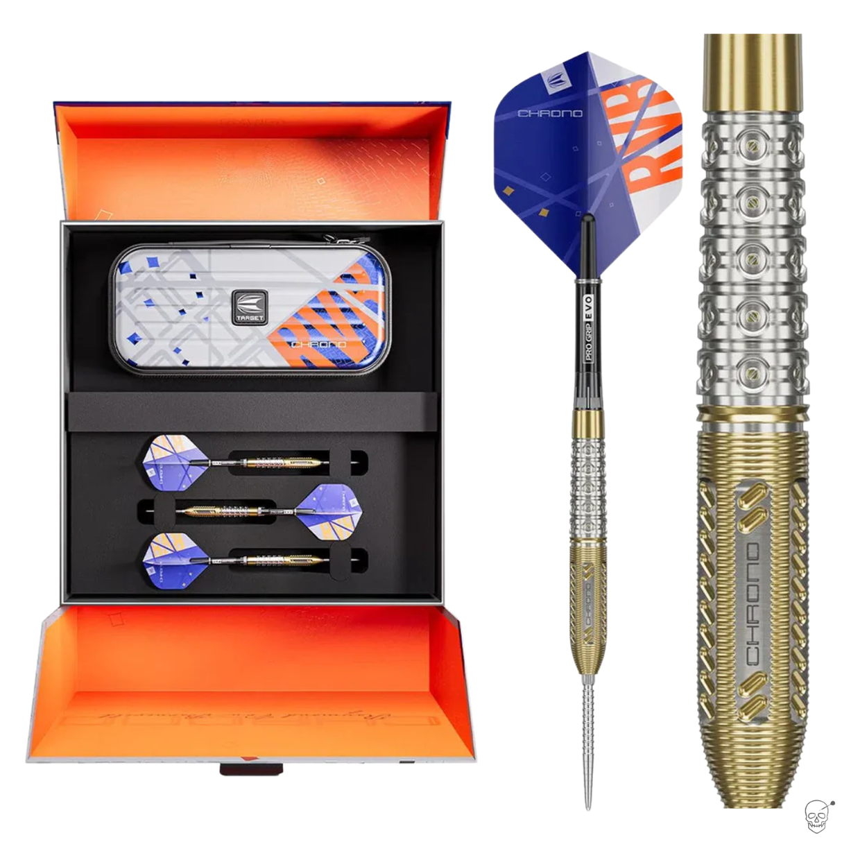 Luxury tungsten darts set in open box display, three assembled darts, storage case, and close-up of precision barrel grip texture with blue flights