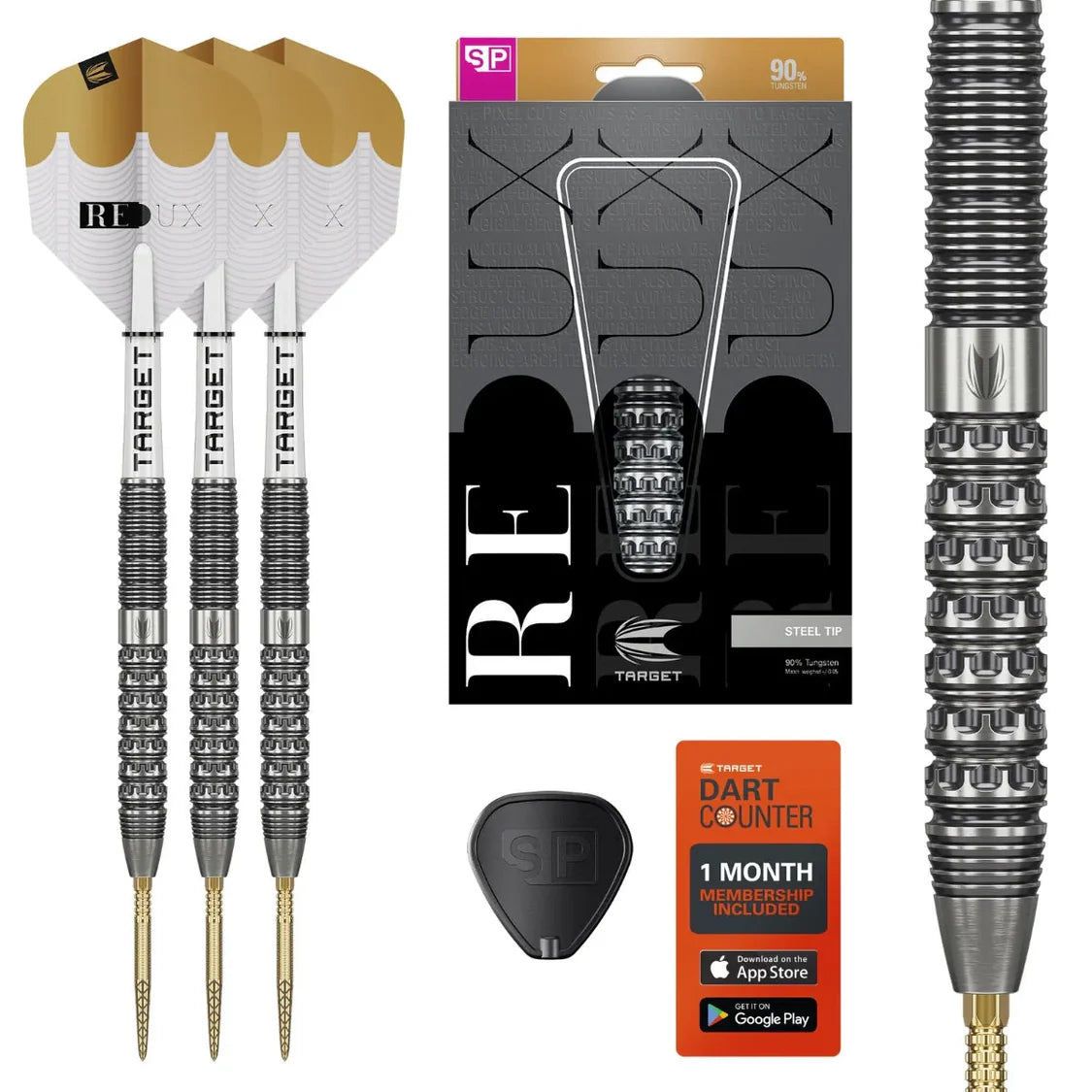 Redux 01 90% tungsten darts set with three assembled darts, retail packaging, close-up barrel grip texture, flight protectors, and app membership card.