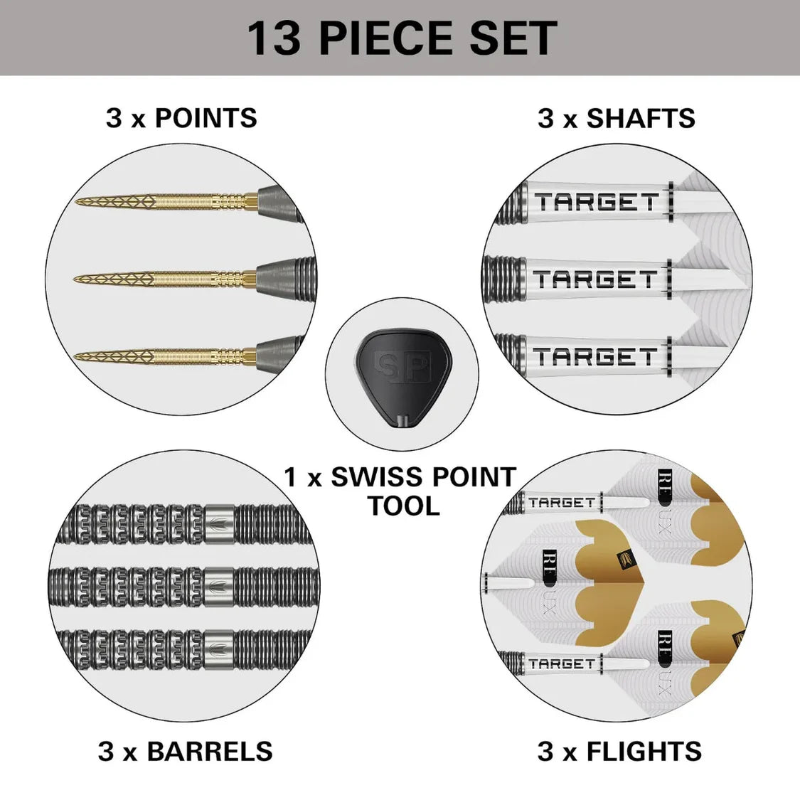 Top-down view of 13 piece tungsten dart set parts including 3 points, 3 shafts, 3 barrels, 3 flights, and 1 Swiss Point tool