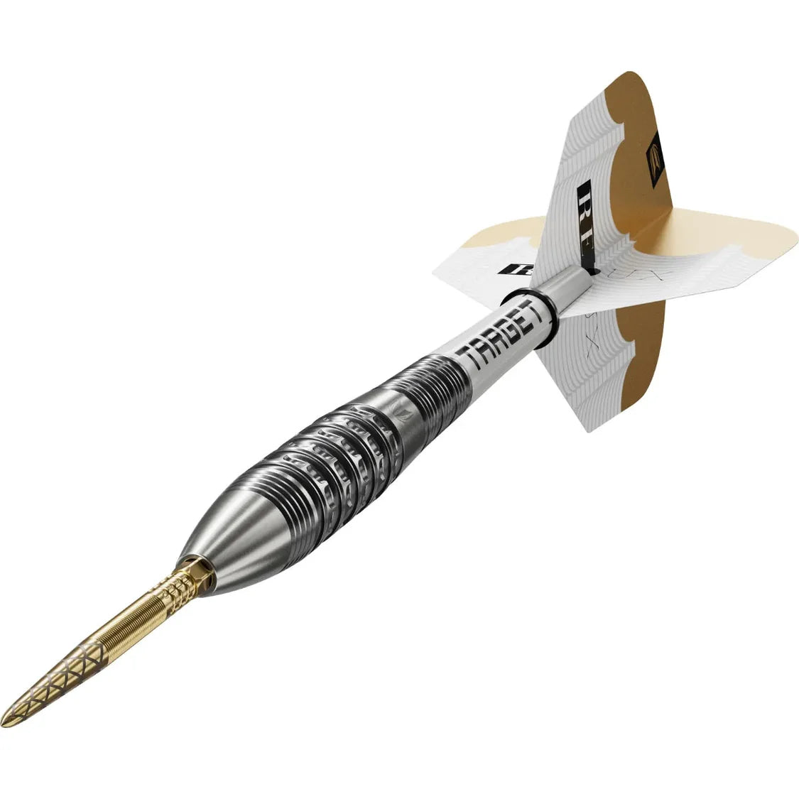Angled close-up of 90 percent tungsten dart showing knurled barrel grip, precision point, and patterned flights on white background