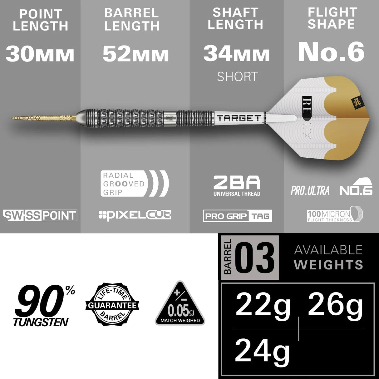 Full side view of tungsten dart isolated, showing 30mm point, 52mm barrel, 34mm shaft, radial grooved grip, No.6 flight, available in 22g, 24g, 26g